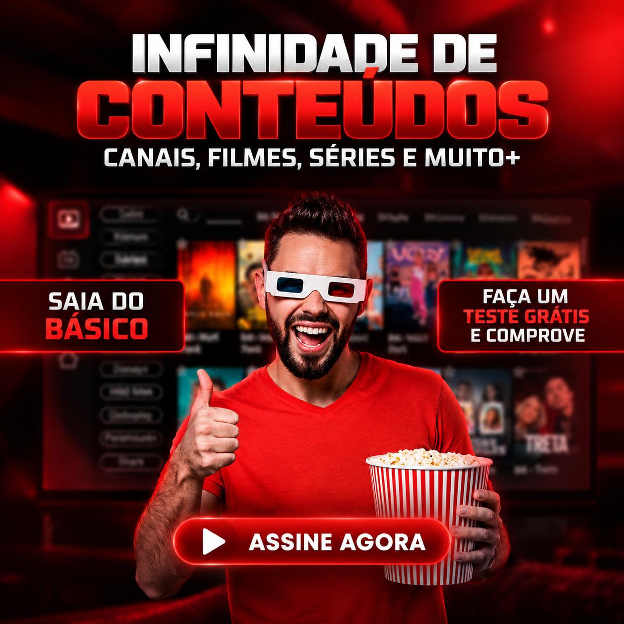 Arte promocional com pipoca e categorias de entretenimento